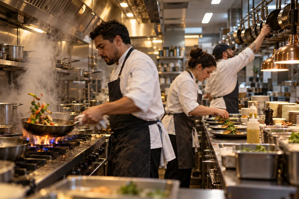 Brigata di cucina al lavoro durante il servizio serale