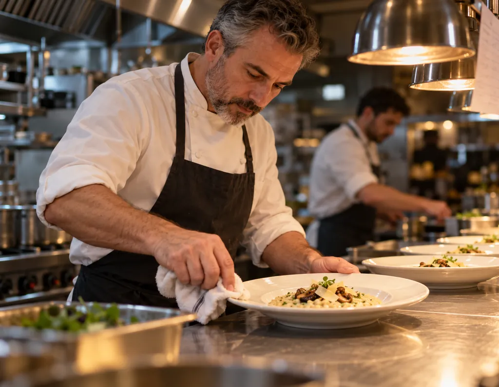 Chef che impiatta un risotto al passe sotto le lampade riscaldanti