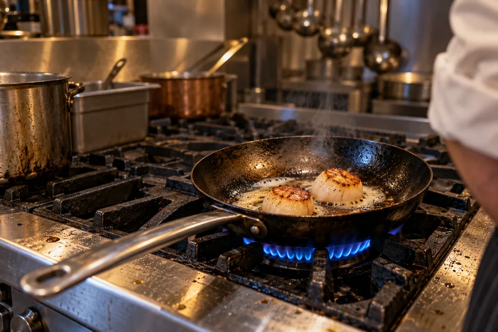 Padella in ferro con capesante sul fuoco blu di un fornello professionale, cucina di ristorante durante il servizio