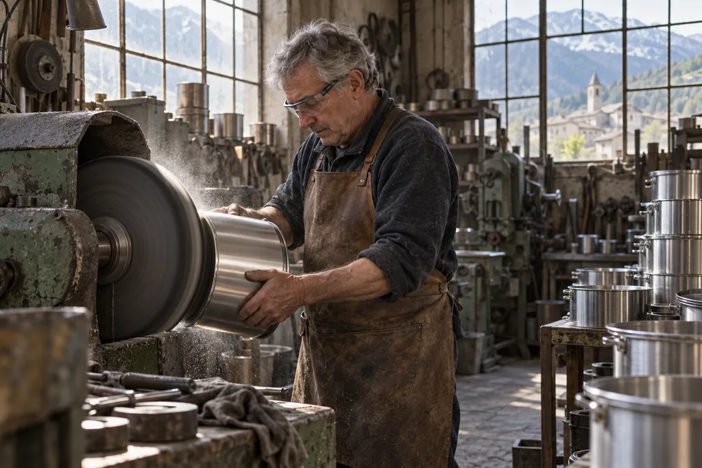 Artigiano che lucida una pentola in acciaio su una pulitrice in un laboratorio di Lumezzane